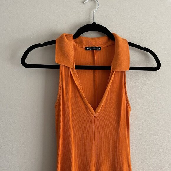 Zara Women S Orange Ribbed Sporty Sleeveless V-Neck Lapel Collar Skater Dress - Picture 5 of 9